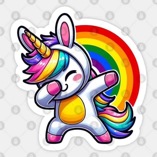 Cute Kawaii Dabbing Unicorn Wearing Easter Bunny Costume with Rainbow Sticker by Odetee